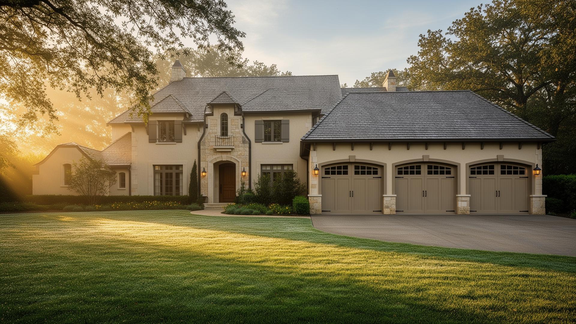 Beautiful French country estate with elegant craftsman style garage doors featuring rectangular windows